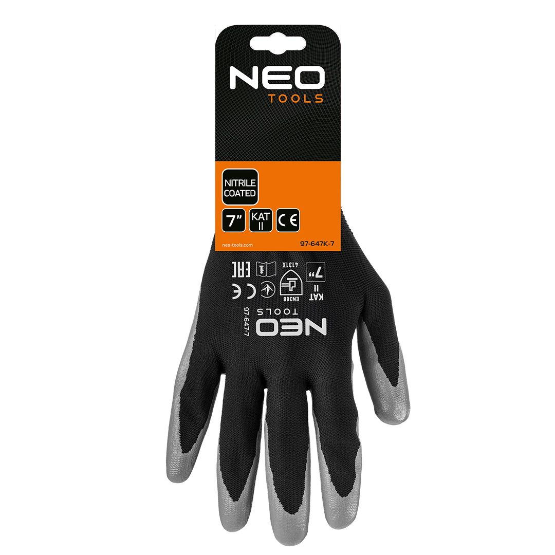Рукавички робочі Neo Tools поліестер з нітриловим покриттям, р.7, сіро-чорний (97-647K-7)фото