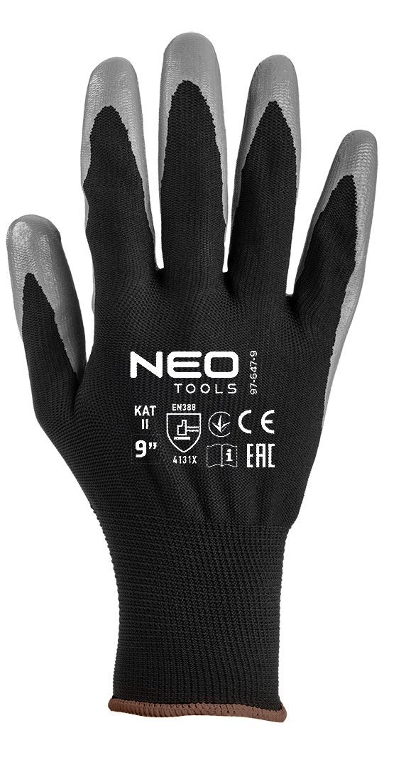 Рукавички робочі Neo Tools поліестер з нітриловим покриттям, р.9, сіро-чорний (97-647K-9)фото