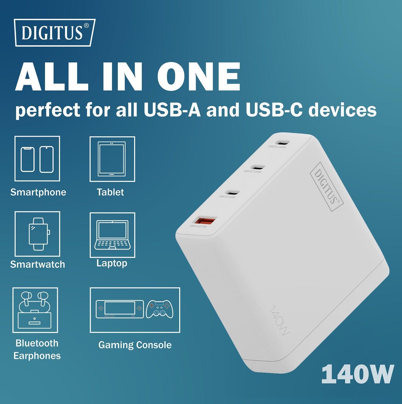 Зарядний пристрій DIGITUS GaN 3хUSB-C 1хUSB-A 140W (DA-10305)фото