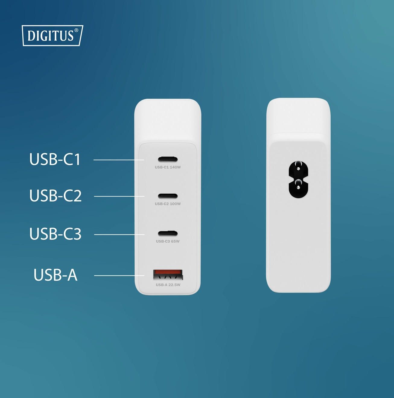 Зарядний пристрій DIGITUS GaN 3хUSB-C 1хUSB-A 140W (DA-10305)фото