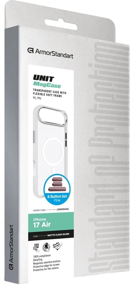 Чехол ArmorStandart Unit MagCase для Apple iPhone 17 Air Matte Clear Silver + Pink Button Set (ARM90584) фото