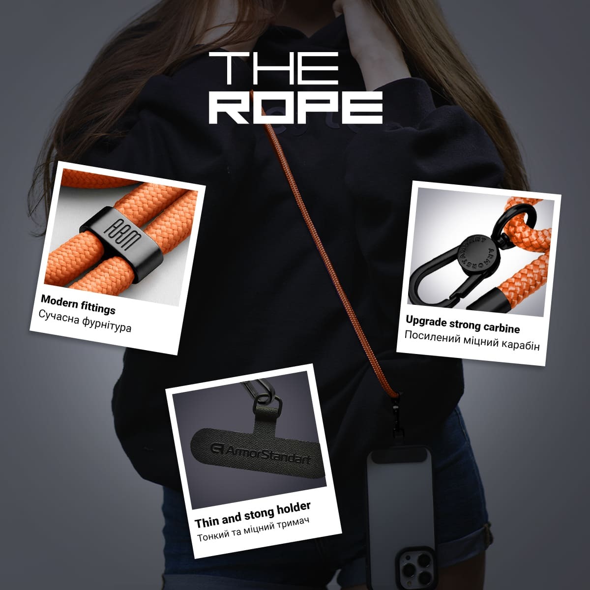Ремешок для смартфона ArmorStandart Rope Black Tangerine with Dark holder (ARM76094) фото 