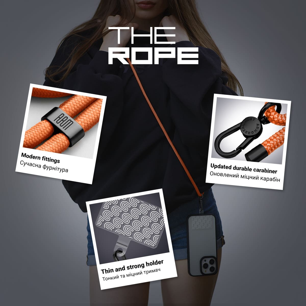 Ремешок для смартфона ArmorStandart Rope Black Tangerine with Clear holder (ARM86430) фото 