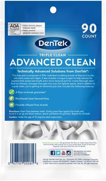 Флос-зубочистки DenTek Triple Clean потрійне очищення 90 штфото