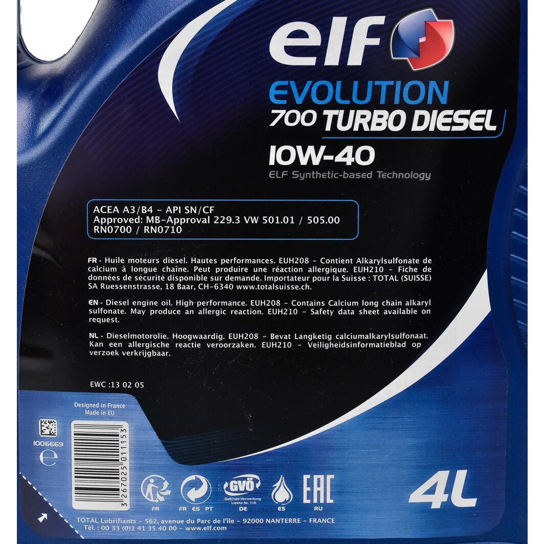 Масло моторное ELF Evolution 700 Turbo Diesel 10W-40 4л (12-4 TD) (194862) фото 2