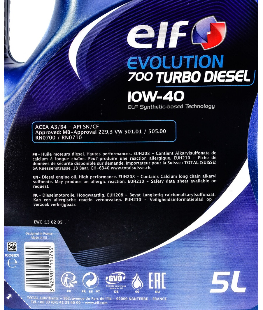 Масло моторное ELF Evolution 700 Turbo Diesel 10W-40 5л (12-5 TD) (201553) фото 