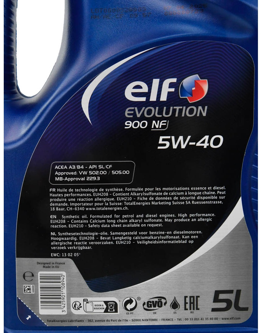 Масло моторное ELF Evolution 900 NF 5W-40 5л (11-5 NF) (216651) фото 