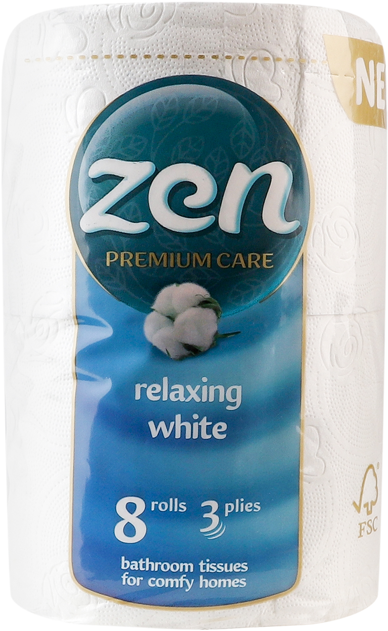 Туалетная бумага Zen Premium 3 слоя 8 длинных рулонов по 18,9м фото 