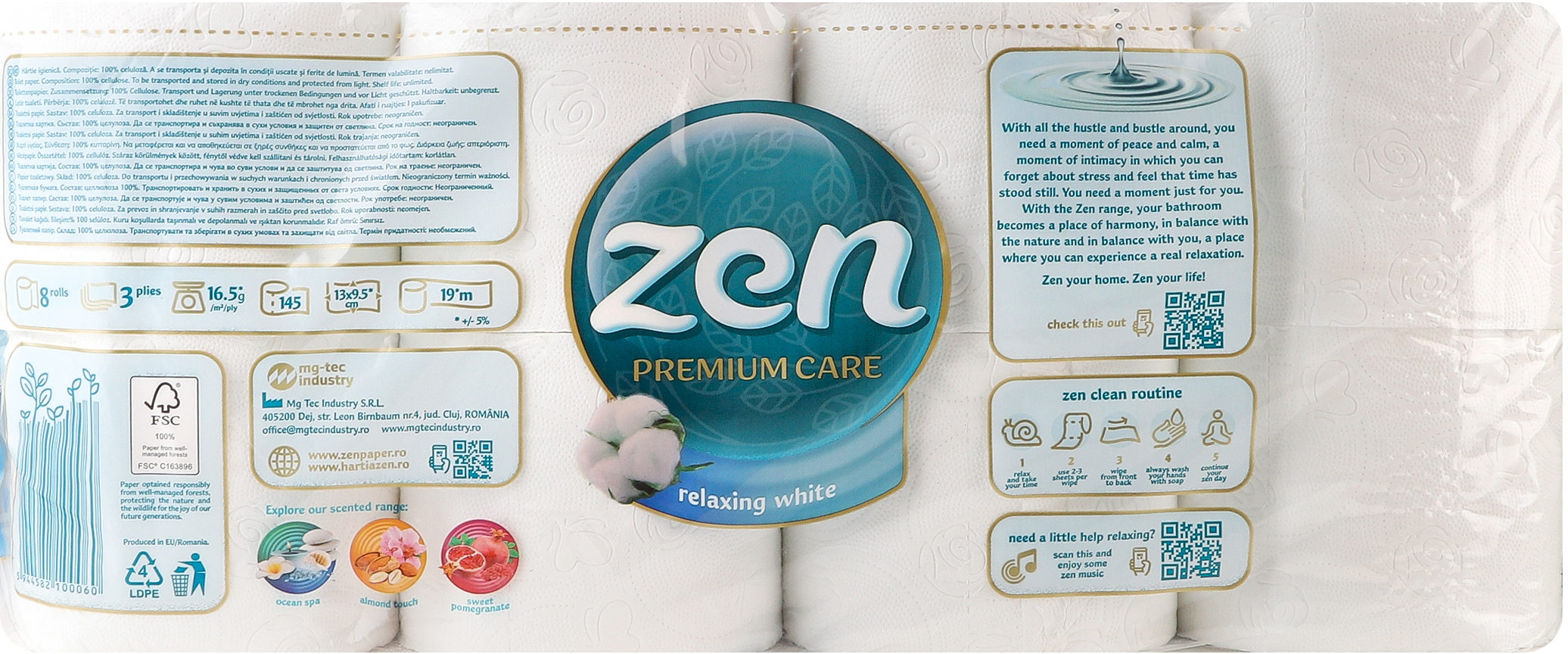 Туалетная бумага Zen Premium 3 слоя 8 длинных рулонов по 18,9м фото 