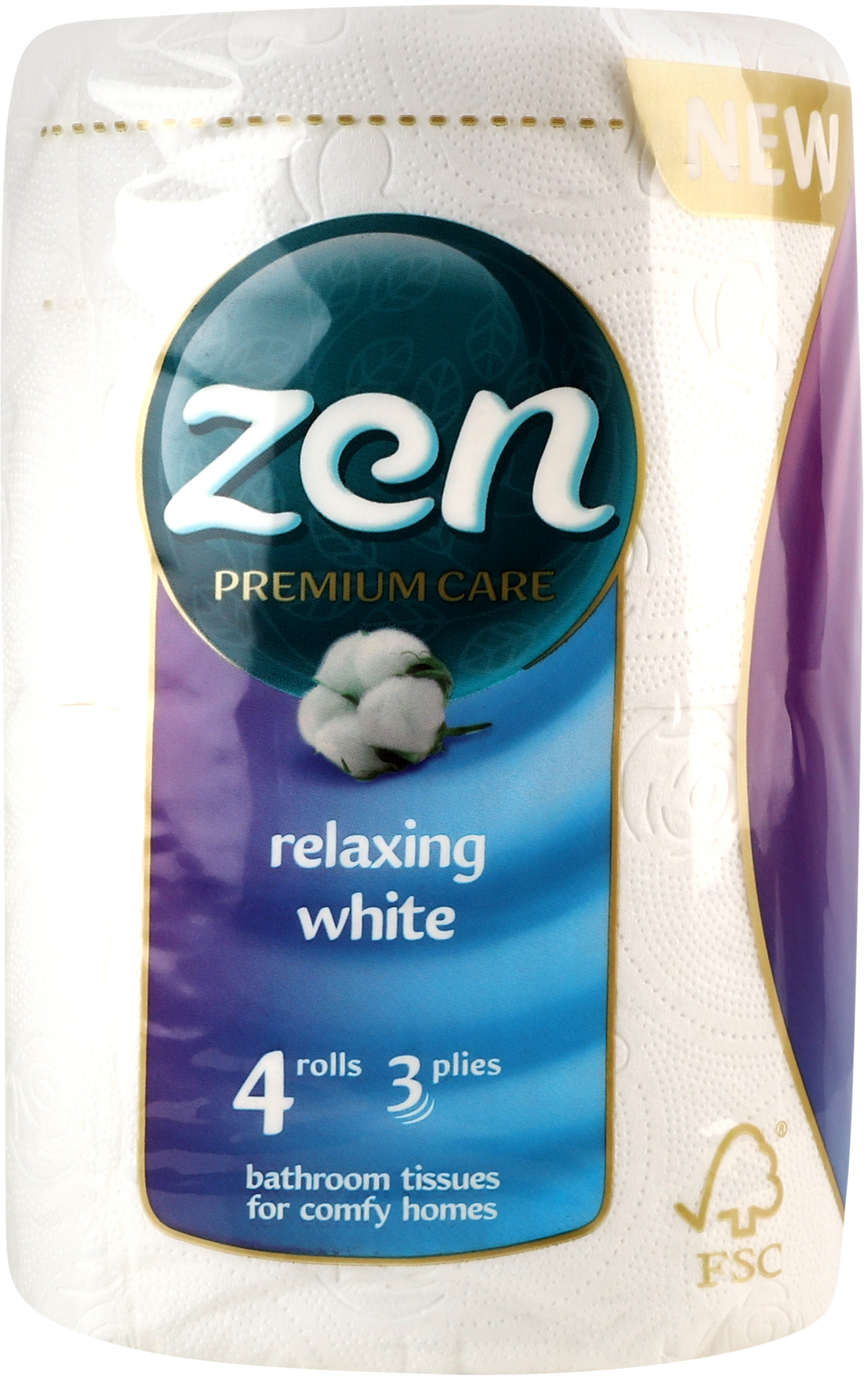 Туалетная бумага Zen Premium 3 слоя 4 длинных рулонов по 18,9м фото 