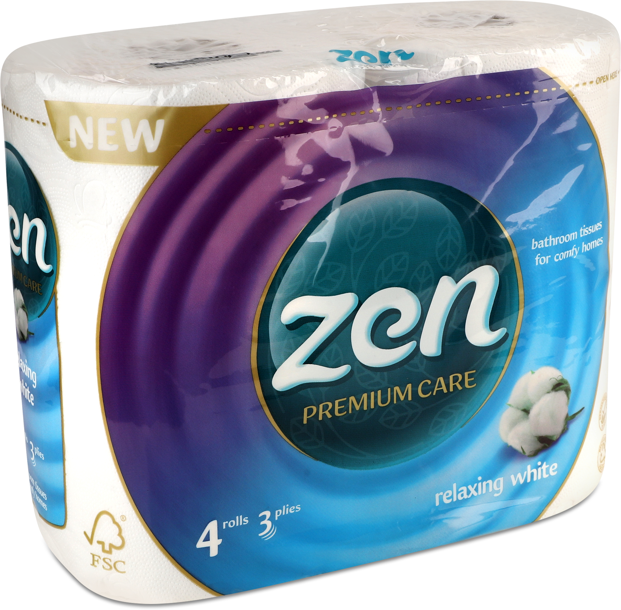 Туалетная бумага Zen Premium 3 слоя 4 длинных рулонов по 18,9м фото 