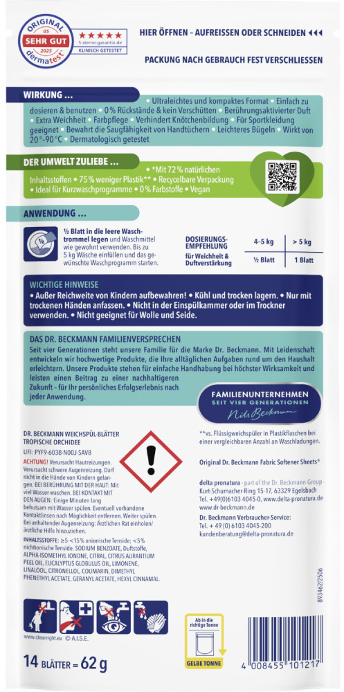 Растворимая салфетка-ополаскиватель для белья Dr.Beckmann Magic Leaves Тропическая Орхидея 14 шт фото 2