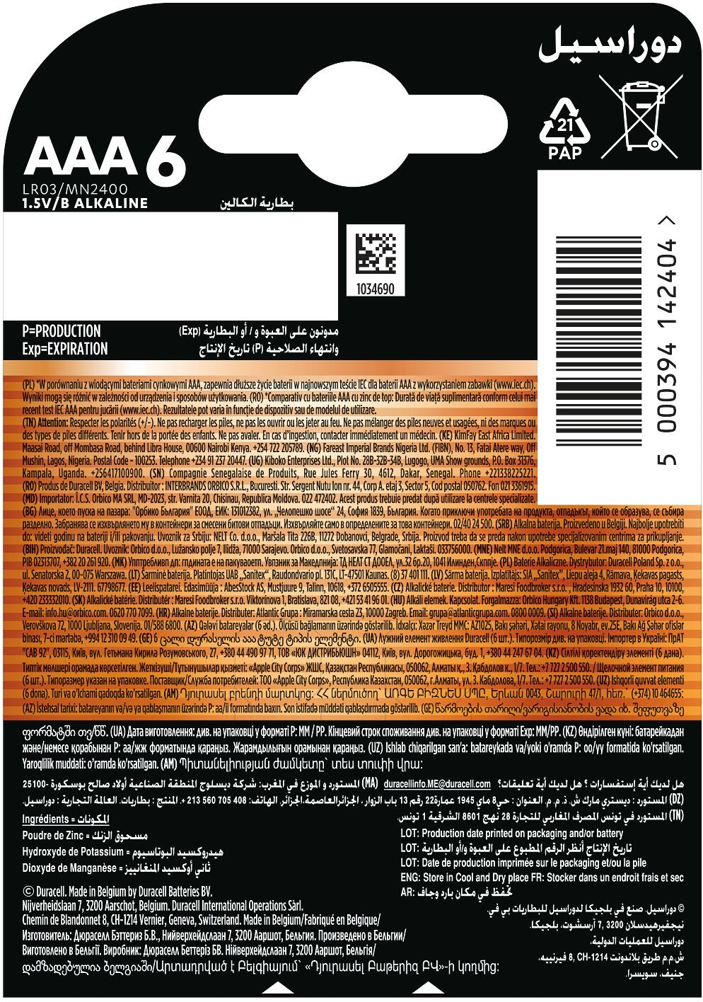 Батарейки Duracell Basic AAA алкалиновые 1.5V LR03 6 шт (5000394142404) фото 