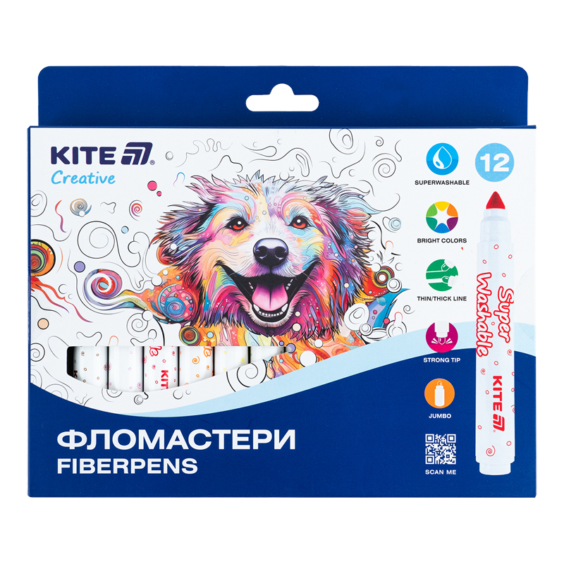 Фломастери, набір 12шт, Kite Creative Superwashable Jumbo (K-1155) фото