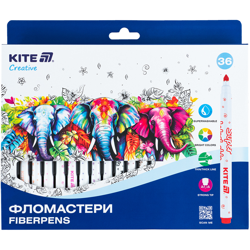Фломастери, набір 36шт, Kite Creative Superwashable (K-1154) фото