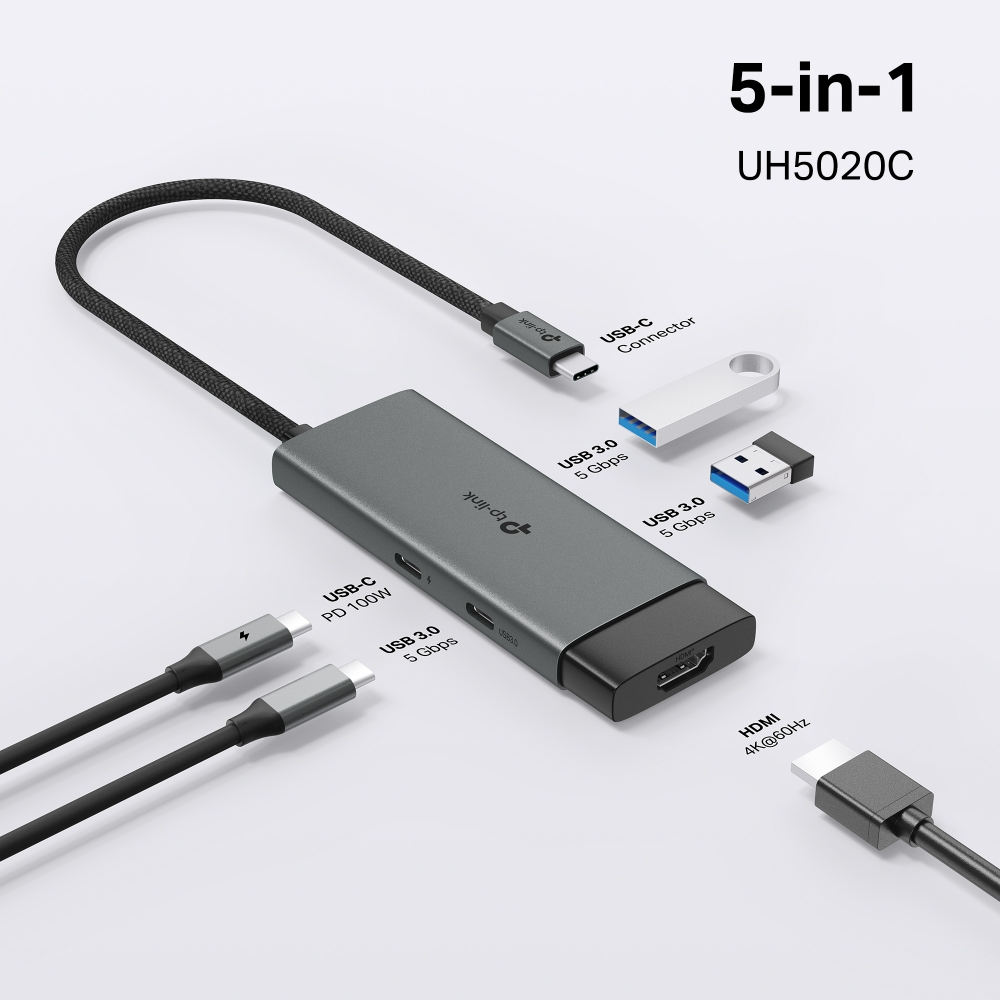 Хаб USB TP-LINK UH5020C USB-C > 2xUSB3.0/1xUSB-C/1xHDMI/1xPD 100Wh (UH5020C)фото