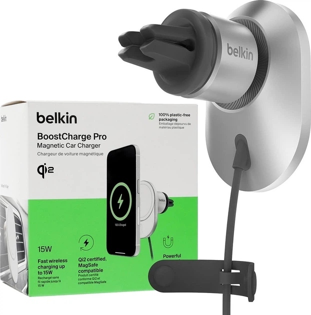 Автомобільний тримач смартфона Belkin Qi2 з бездротовою зарядкою (дефлектор) (WIC008BTGR-NCV2)фото