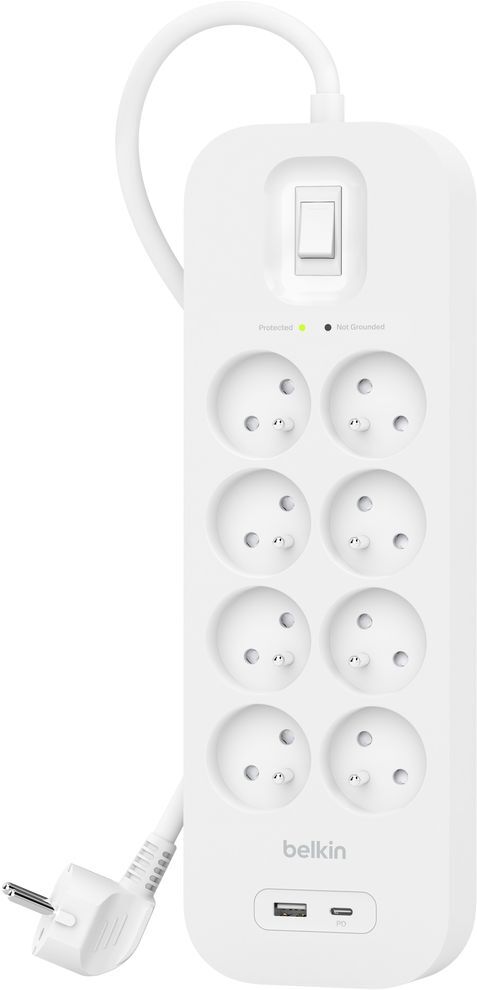 Подовжувач мережевий Belkin 8хТипE 16А USB-A/USB-C 18Вт, фільтр, білий 2м (SRB003CA2M)фото2