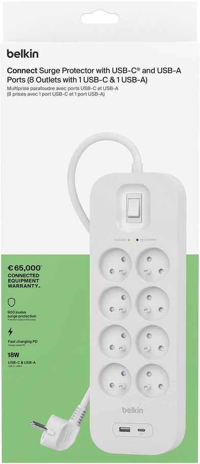 Подовжувач мережевий Belkin 8хТипE 16А USB-A/USB-C 18Вт, фільтр, білий 2м (SRB003CA2M)фото5