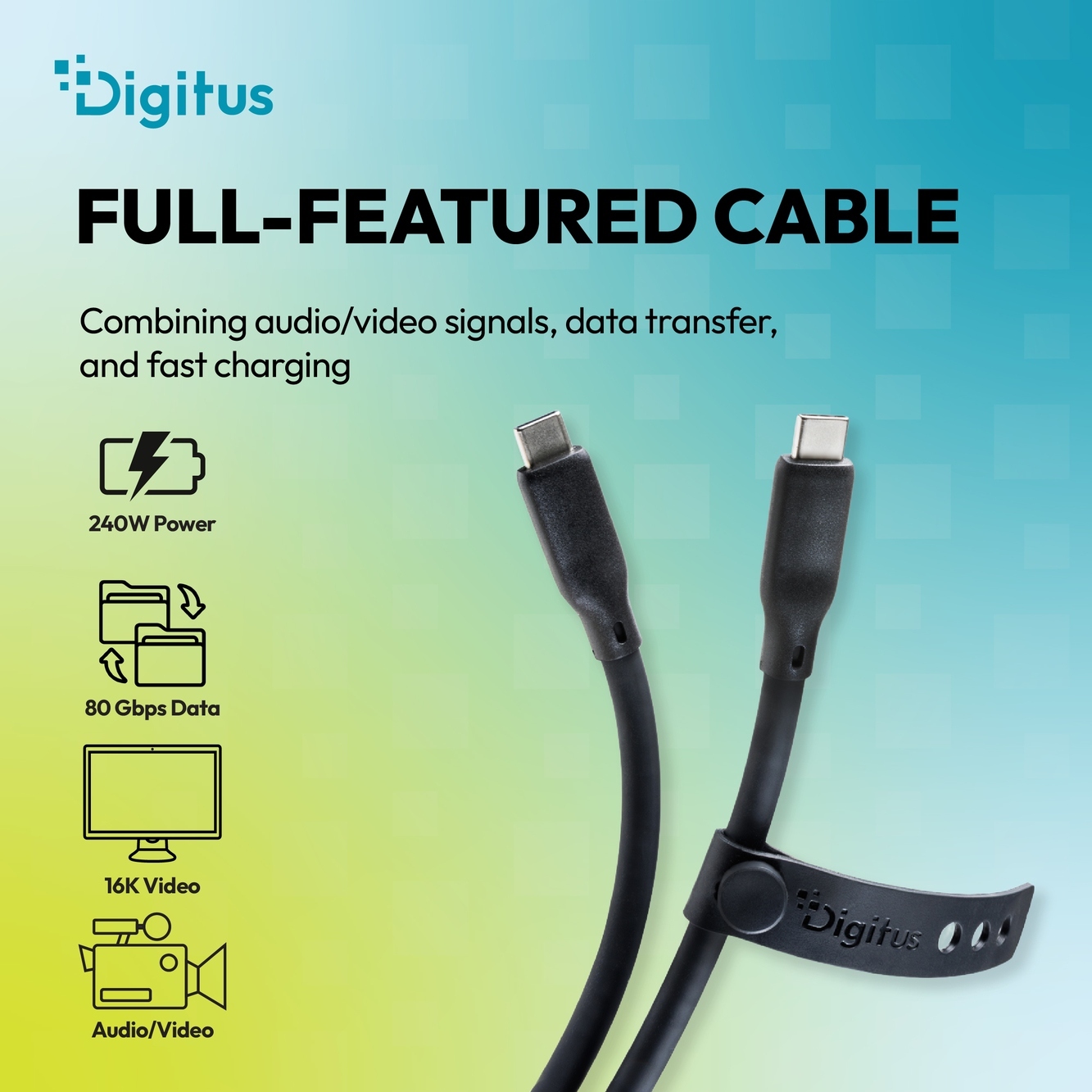 Кабель DIGITUS USB-C > USB-C USB4 2.0, 80G, 240W, 16K, 1м, Black (AK-300350-010-S) фото 