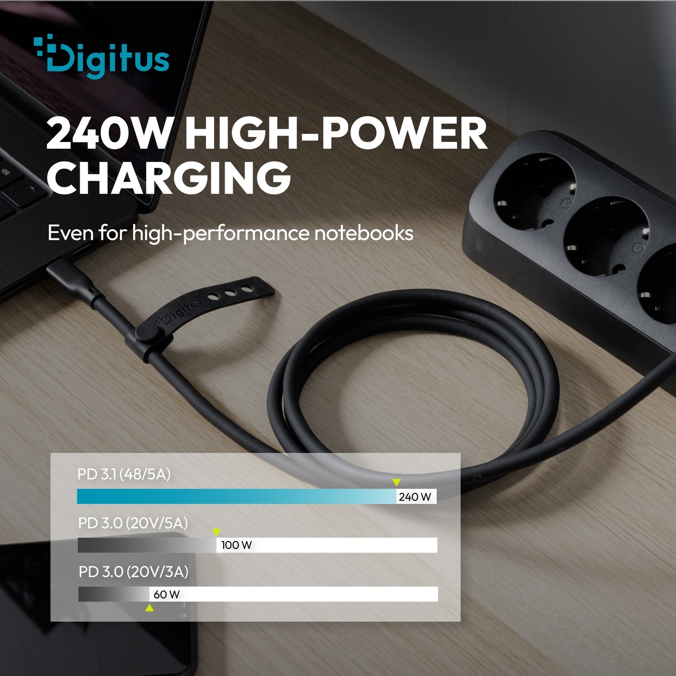 Кабель DIGITUS USB-C > USB-C USB4 2.0, 80G, 240W, 16K, 1м, Black (AK-300350-010-S) фото 