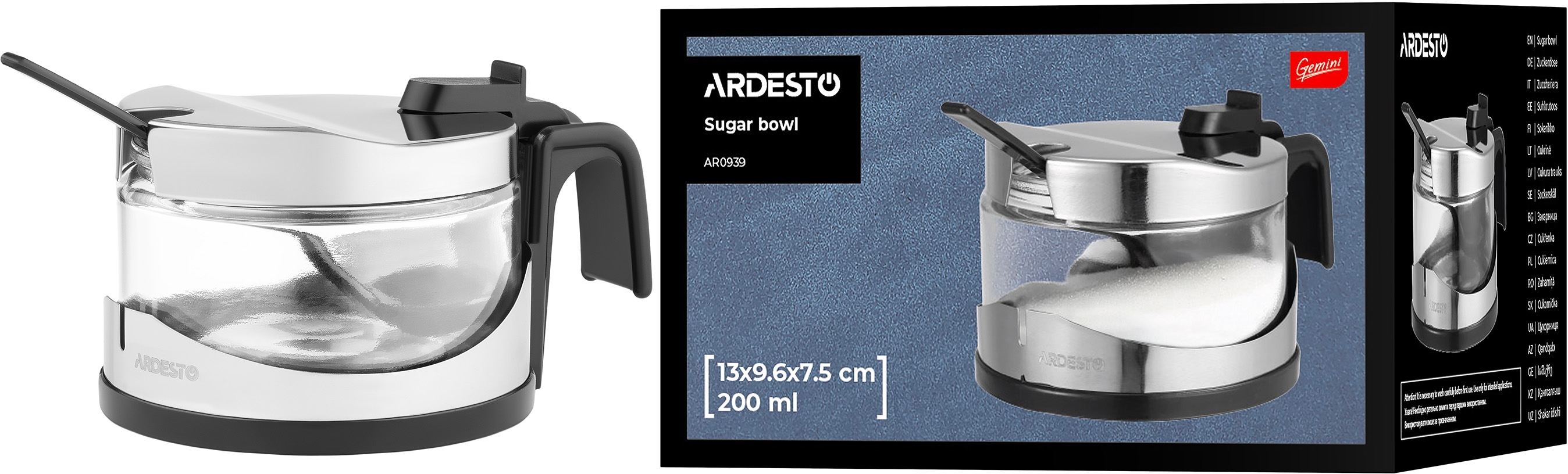 Сахарница ARDESTO Gemini, 13х9.6х7.5см, нержавеющая сталь, стекло, пластик, прозрачный (AR0939) фото