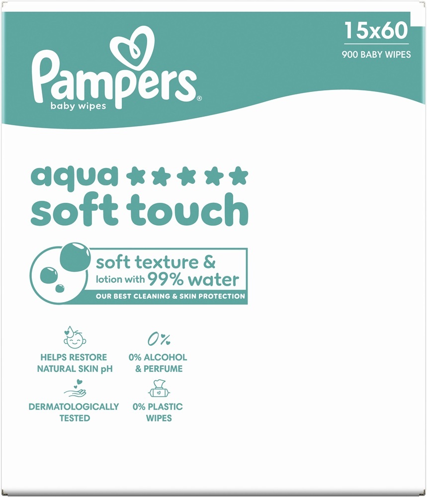 Салфетки влажные детские Pampers Aqua Soft Touch 15 x 60 шт фото 