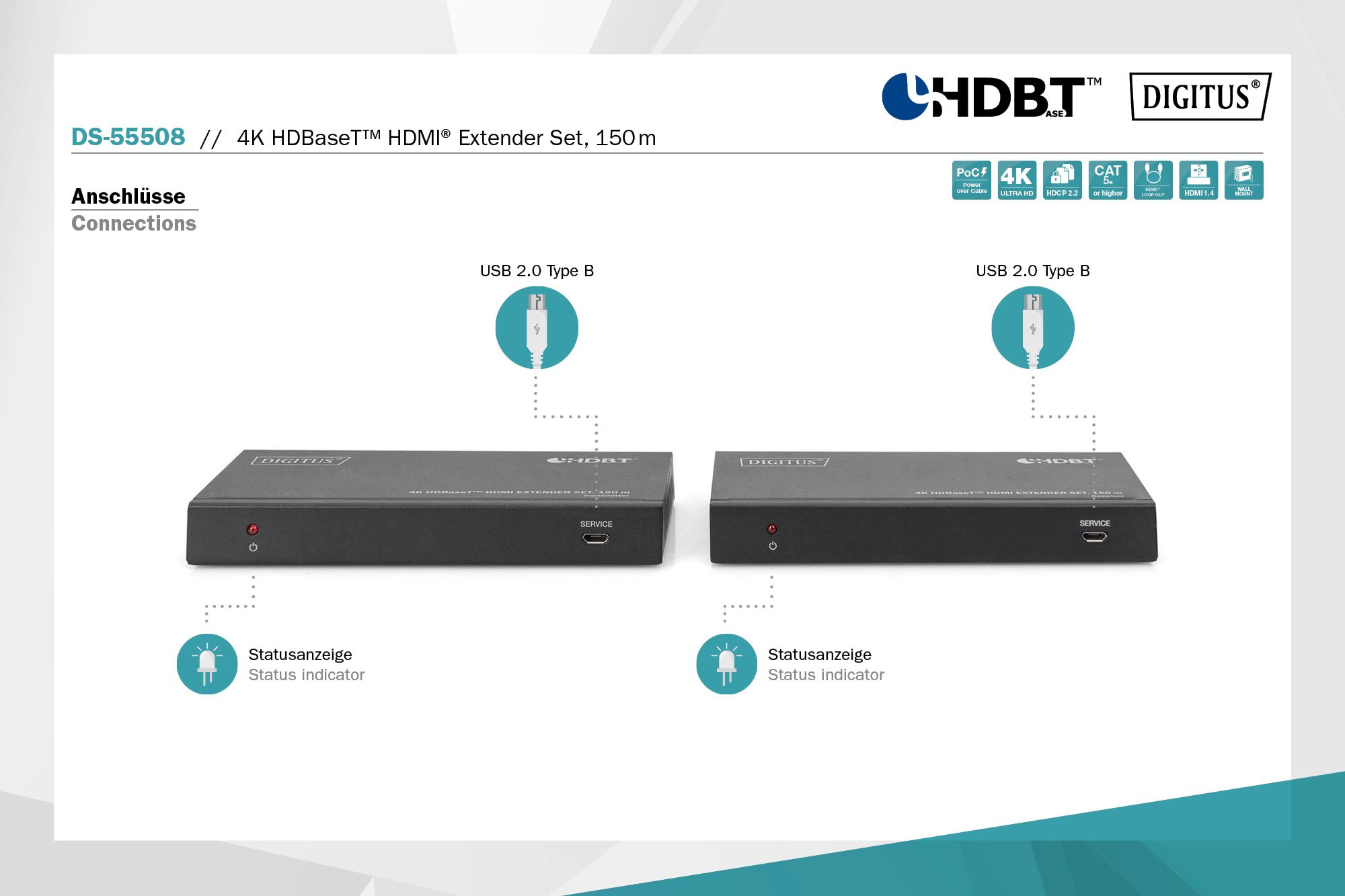 Набор удлинителей DIGITUS HDMI, HDBaseT, UHD 4K2K@60Гц (CАТ6А,7,8) 150м (DS-55508) фото 