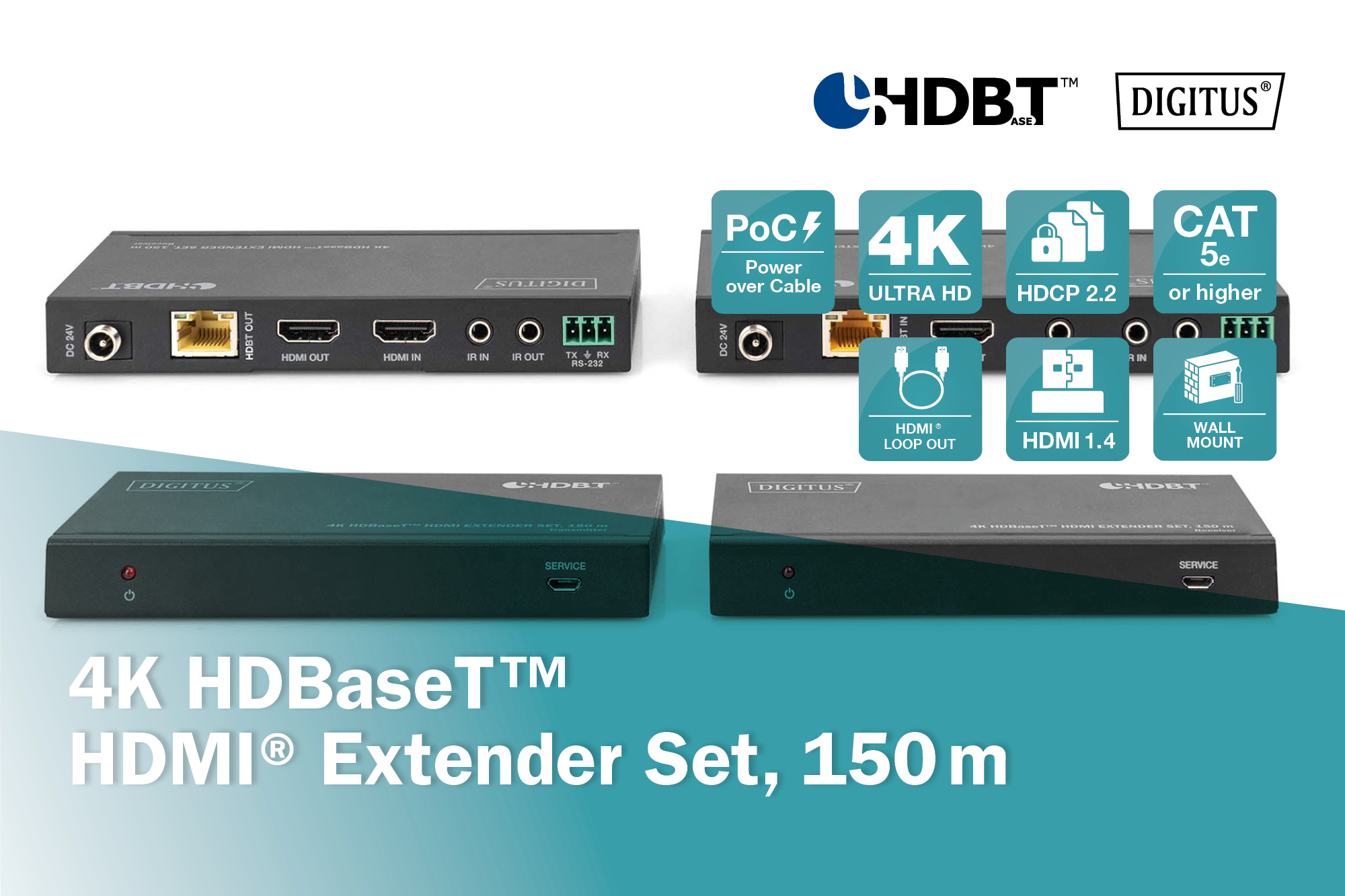 Набор удлинителей DIGITUS HDMI, HDBaseT, UHD 4K2K@60Гц (CАТ6А,7,8) 150м (DS-55508) фото 