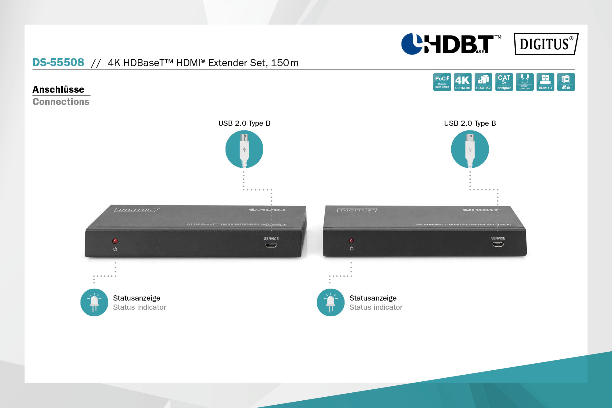 Набор удлинителей DIGITUS HDMI, HDBaseT, UHD 4K2K@60Гц (CАТ6А,7,8) 150м (DS-55508) фото6
