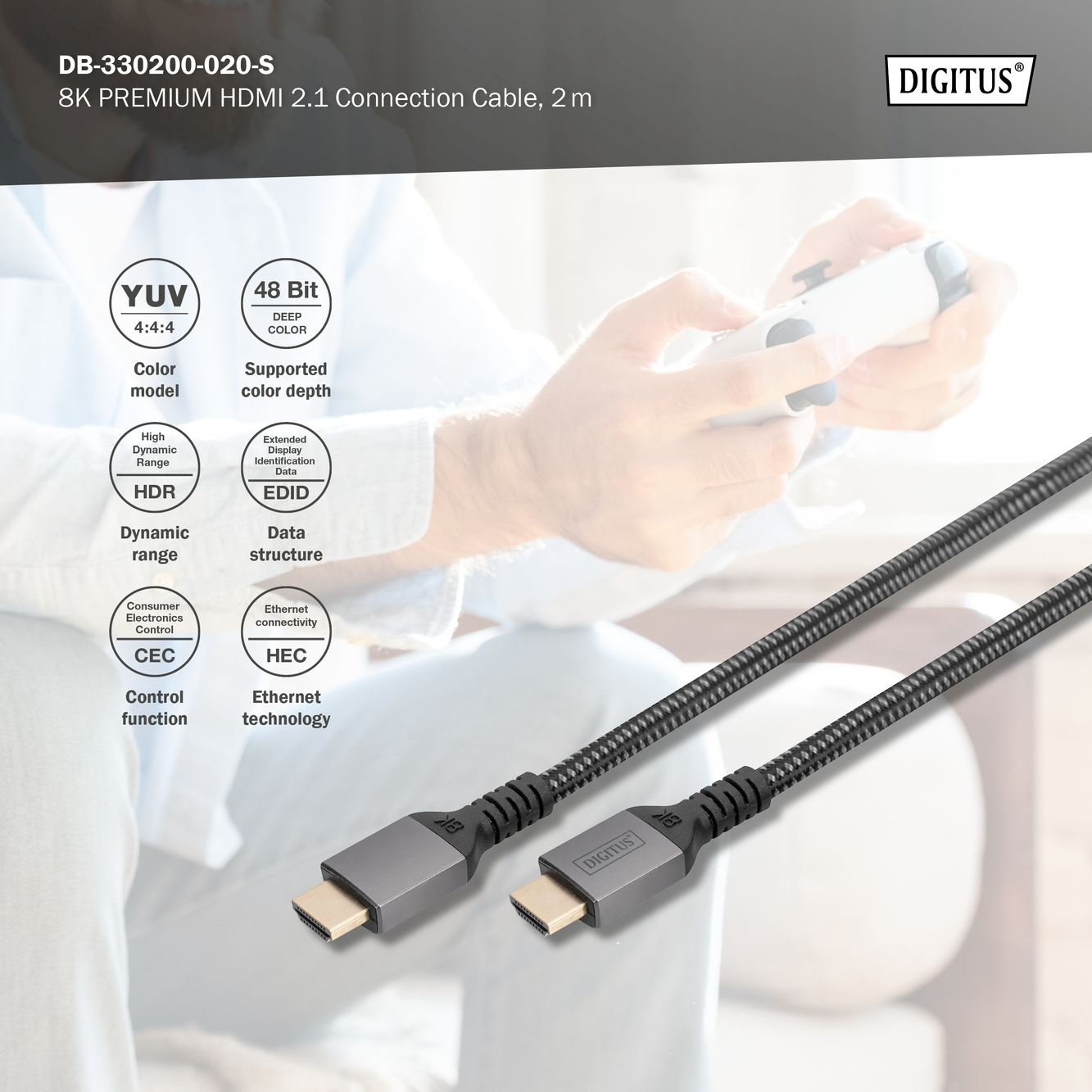 Кабель DIGITUS HDMI (M/M) 8K Ultra High speed/Ethernet 2м черный (DB-330200-020-S) фото 2