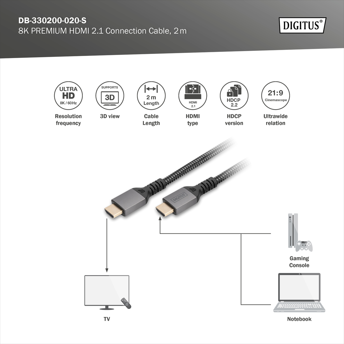 Кабель DIGITUS HDMI (M/M) 8K Ultra High speed/Ethernet 2м черный (DB-330200-020-S) фото 4