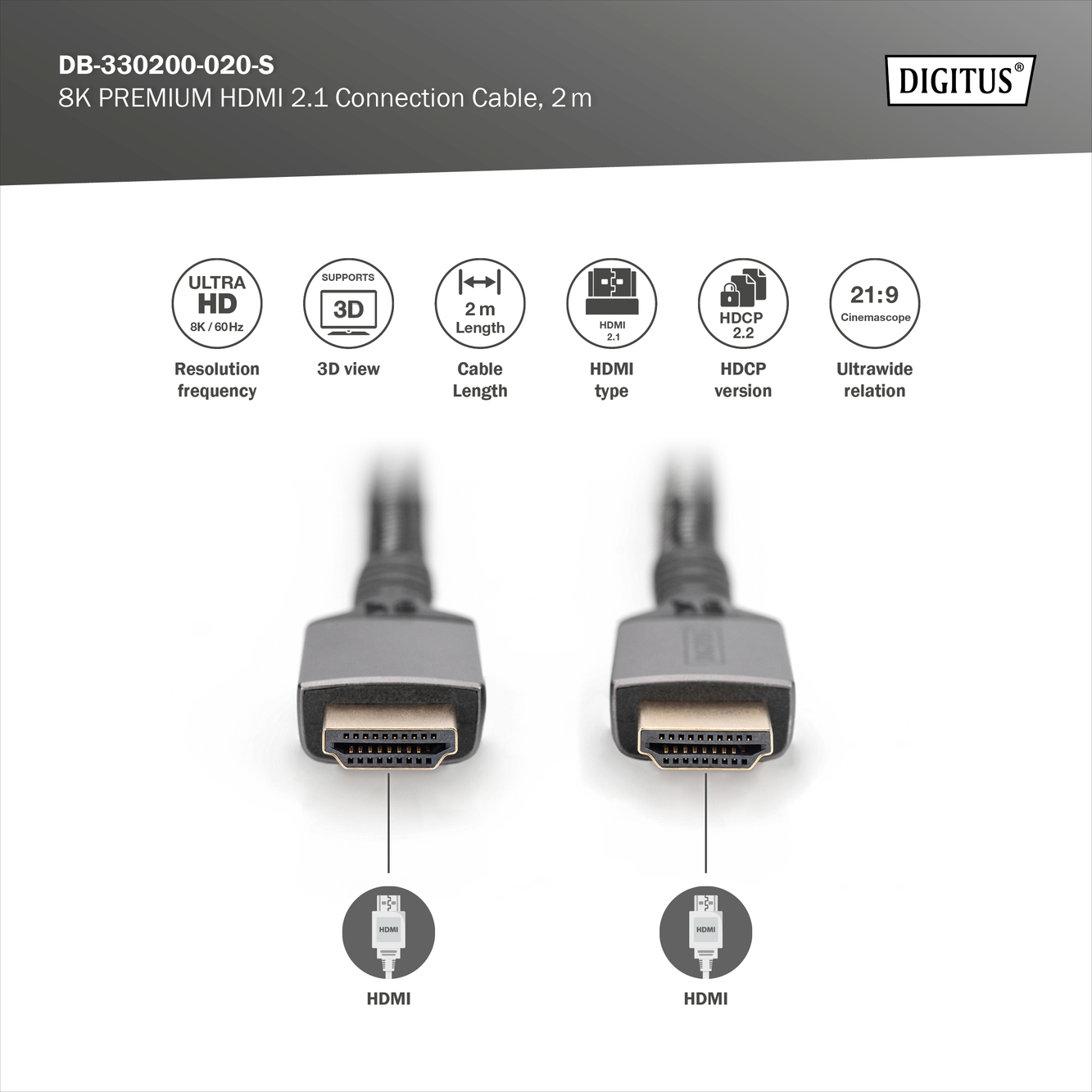 Кабель DIGITUS HDMI (M/M) 8K Ultra High speed/Ethernet 2м черный (DB-330200-020-S) фото 5