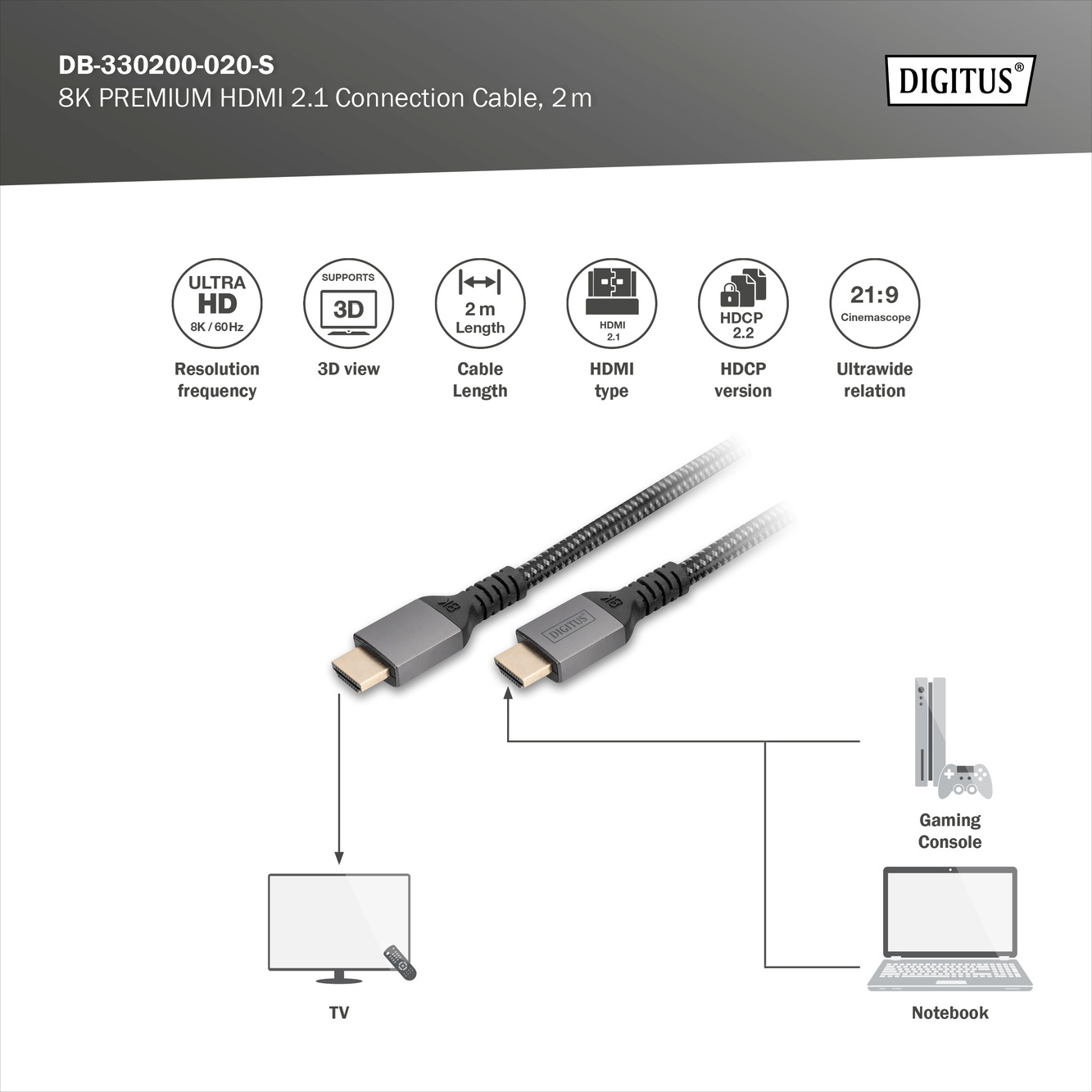 Кабель DIGITUS HDMI (M/M) 8K Ultra High speed/Ethernet 2м черный (DB-330200-020-S) фото3