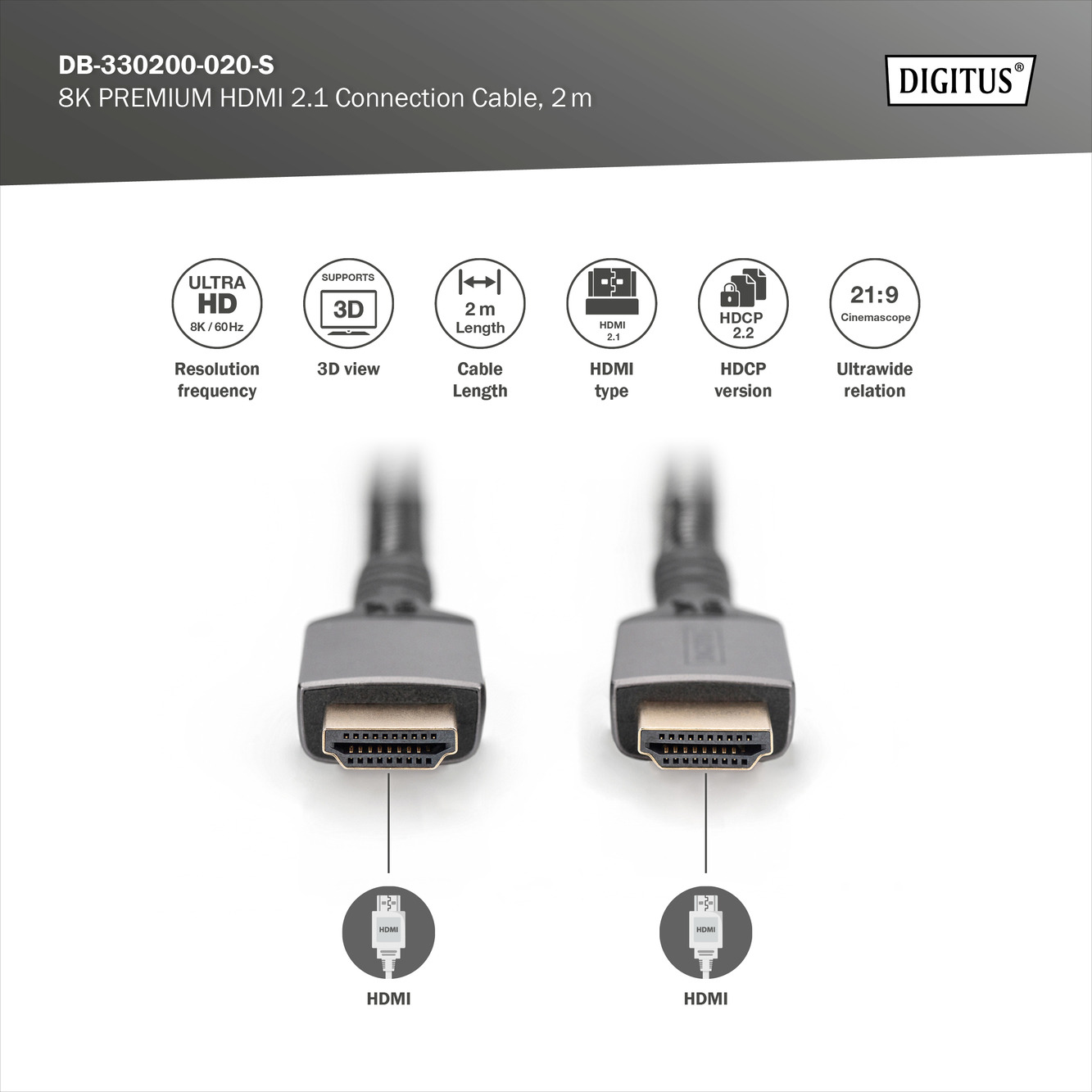 Кабель DIGITUS HDMI (M/M) 8K Ultra High speed/Ethernet 2м черный (DB-330200-020-S) фото4