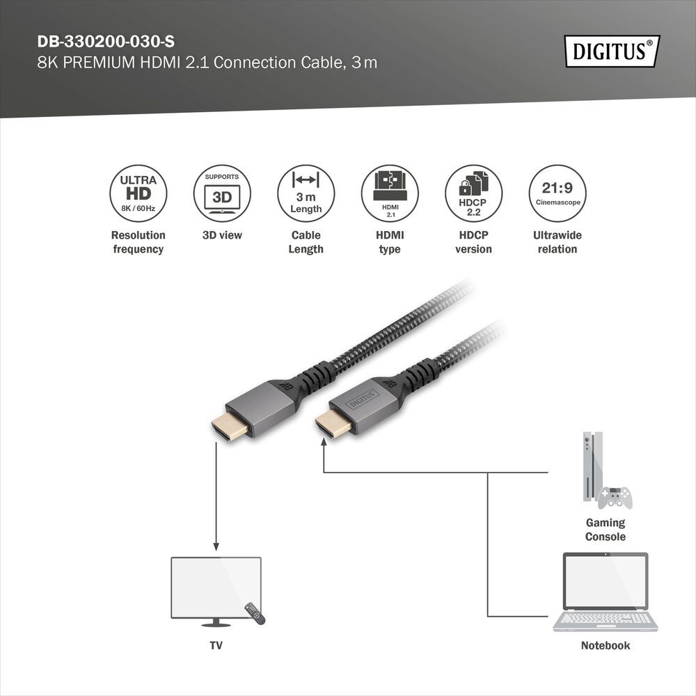 Кабель DIGITUS HDMI (M/M) 8K, Ultra High speed/Ethernet, 3м черный (DB-330200-030-S) фото5