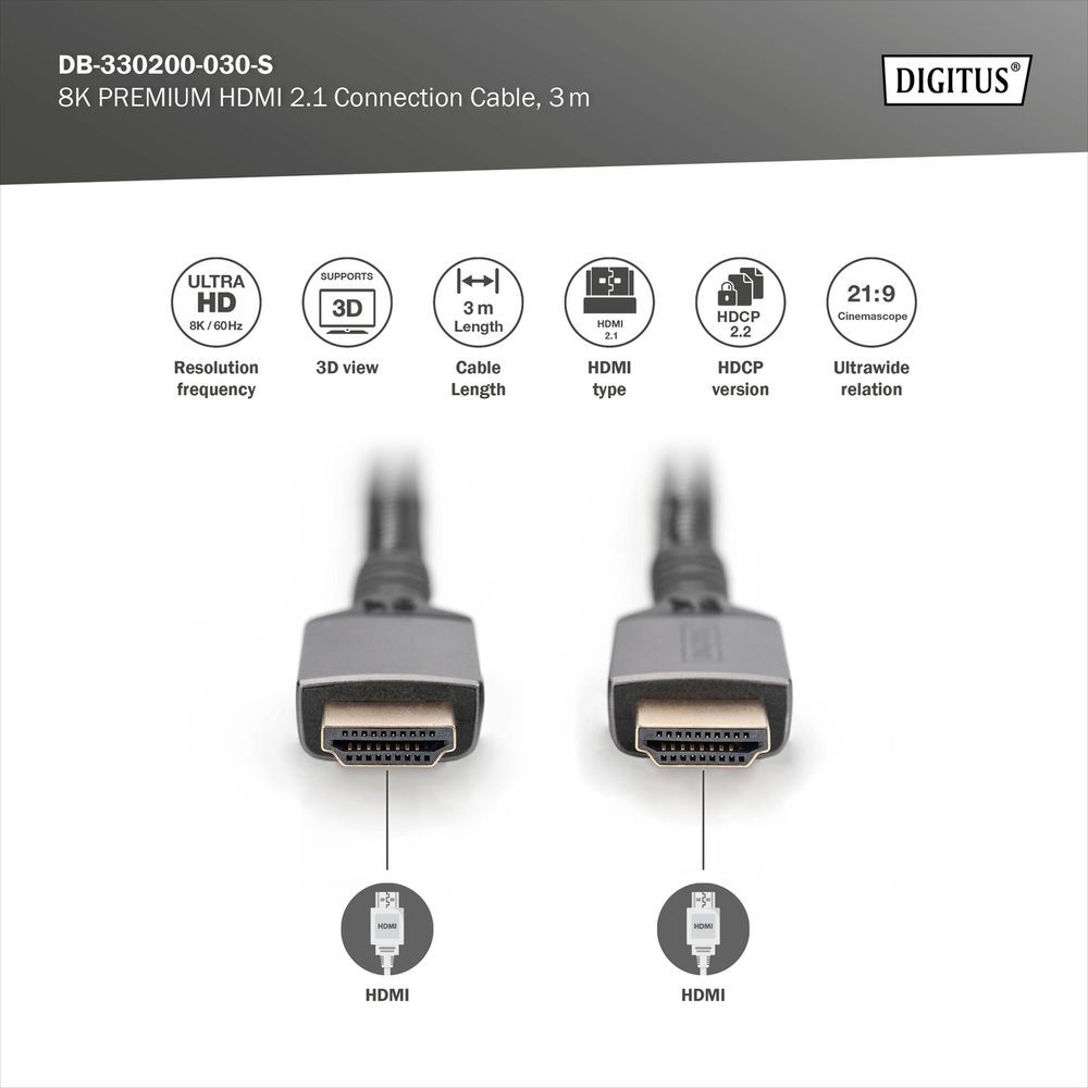 Кабель DIGITUS HDMI (M/M) 8K, Ultra High speed/Ethernet, 3м черный (DB-330200-030-S) фото7