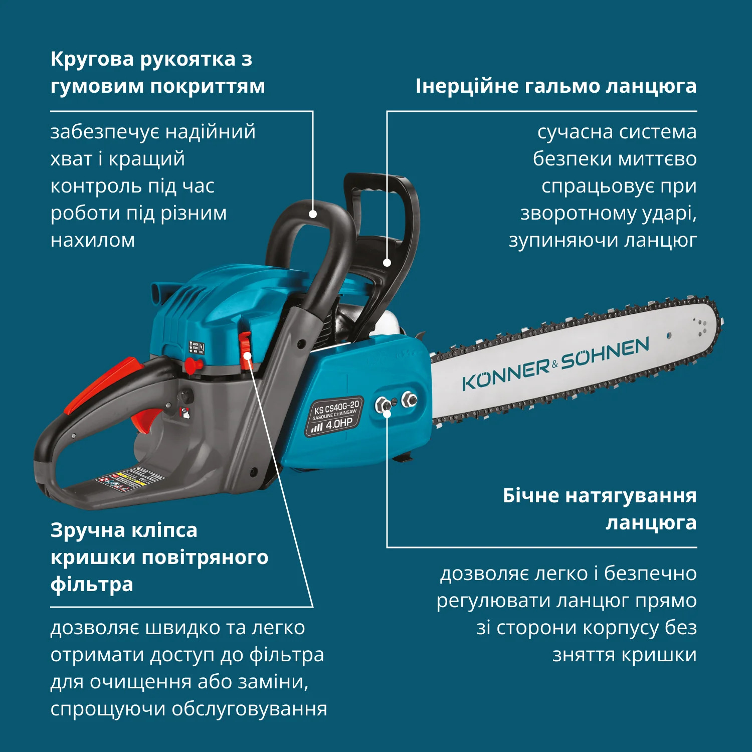 Пила бензинова Konner&amp;Sohnen KS CS40G-20 50см 50см3 5.7кг (KSCS40G-20)фото