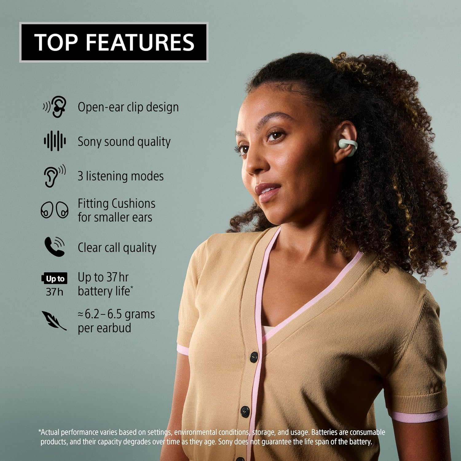Наушники TWS Sony LinkBuds Clip BT 5.3, IPX4, SBC, AAC, Mic Зеленый (WFLC900G.E) фото 3