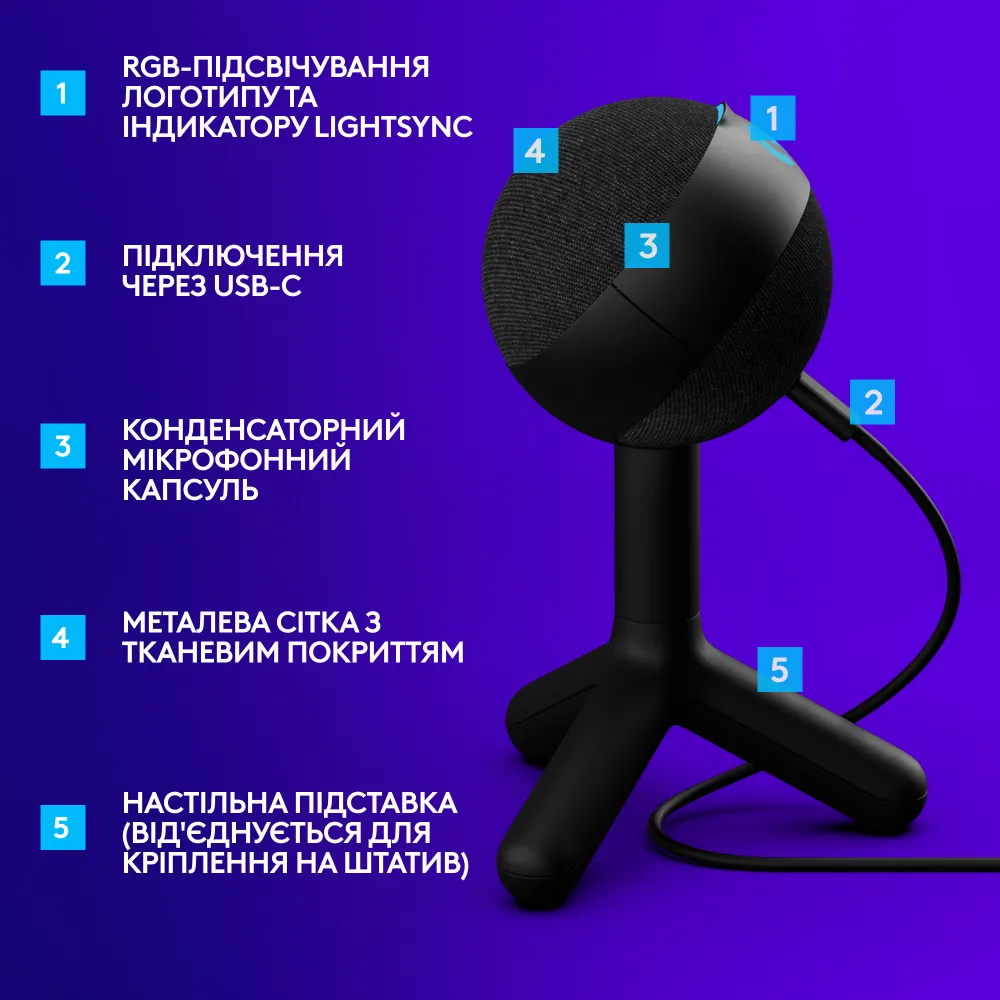 Мікрофон Logitech G Yeti Orb RGB Lightsync Black (L988-000551) фото3