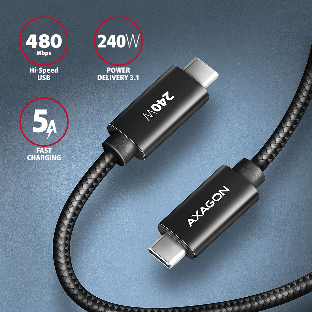 Кабель AXAGON BUCM2-CM10AB USB-C USB-C 2.0, 1м, PD 240W 5A, фото