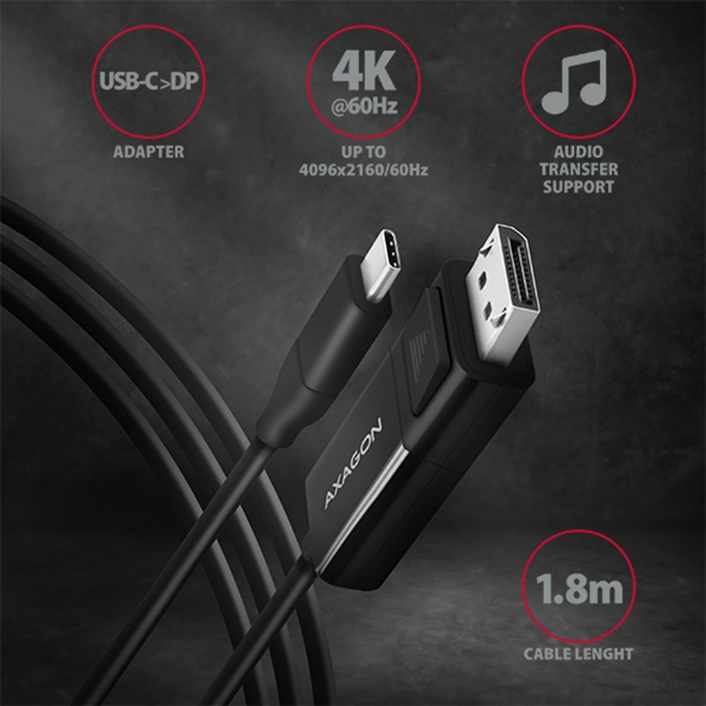 Кабель AXAGON RVC-DPC USB-C-DisplayPort, 1.8m, 4K/60Hz, фото
