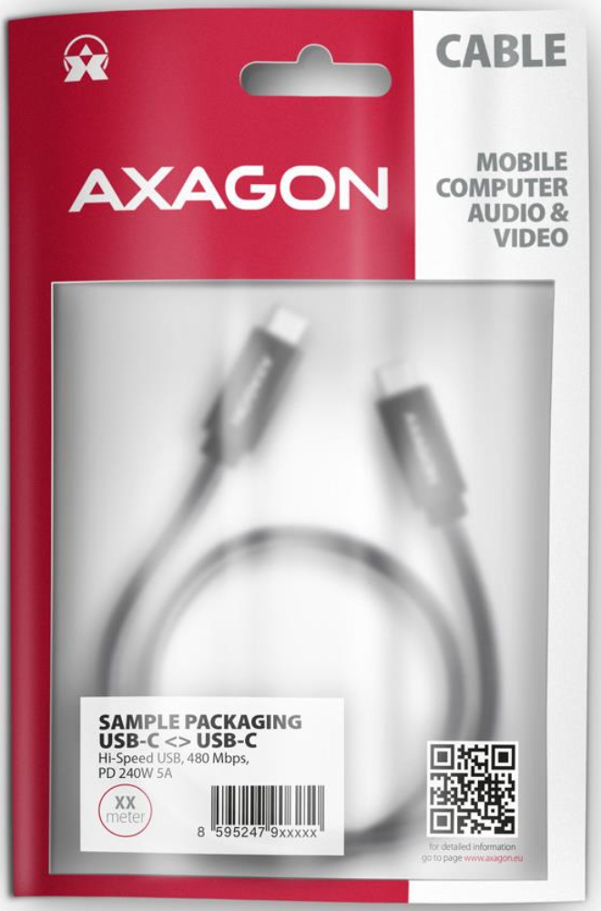 Кабель AXAGON BUCM2-CM20AB USB-C-USB-C 2.0, 2м, PD 240W 5A, фото