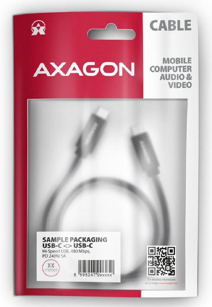 Кабель AXAGON BUCM2-CM30AB USB-C -USB-C 2.0, 3м, PD 240W 5A, фото