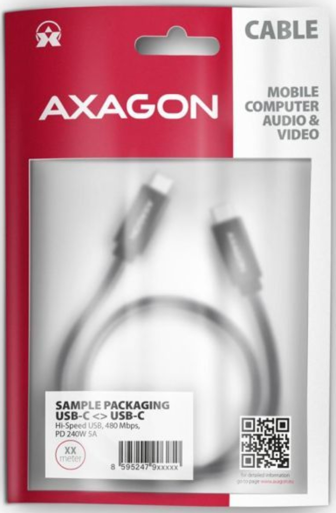 Кабель AXAGON BUCM2-CM25AB USB-C-USB-C 2.0, 2.5м, PD 240W 5A, фото2