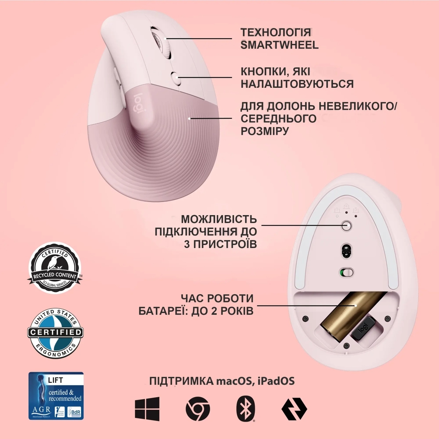 Мышь Logitech Lift Bluetooth Vertical Ergonomic Mouse, ROSE/DARK ROSE фото3