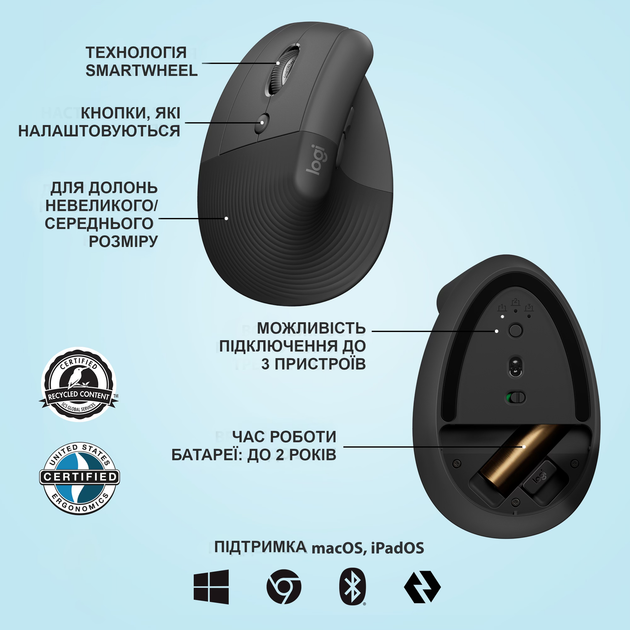 Мышь Logitech Lift Left Bluetooth Vertical Ergonomic Mouse, GRAPHITE/BLACK фото5