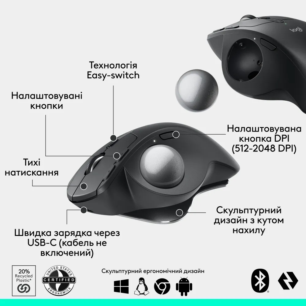 Мышь Logitech MX Ergo S Advanced Wireless Trackball, 2.4GHZ/BT, GRAPHITE фото5