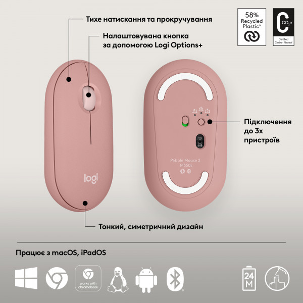 Мышь Logitech Pebble Mouse 2 M350s, TONAL ROSE фото2