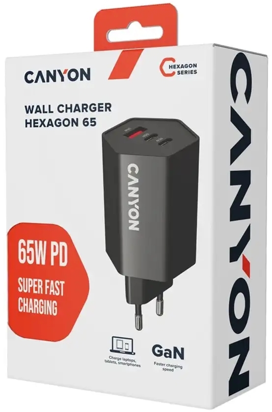 Сетевое зарядное устройство Canyon Hexagon GaN 65W, 2xUSB-C PD, 1xQC, Black (CND-CHAHEX65B) фото5